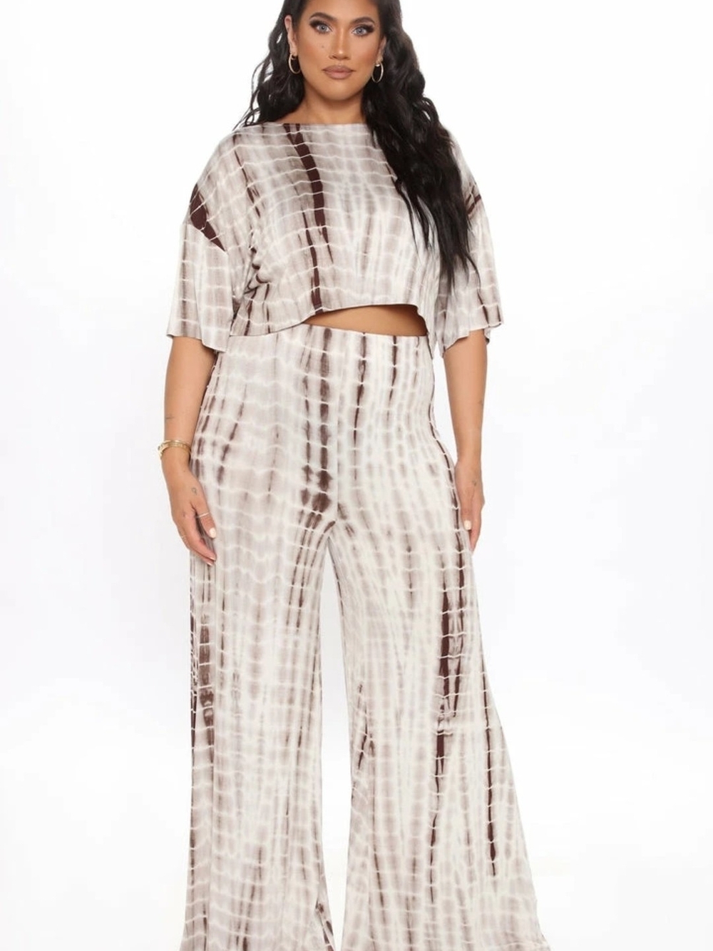 Fashion Nova Ivory & Brown Wide Leg Tie-Dye Pants